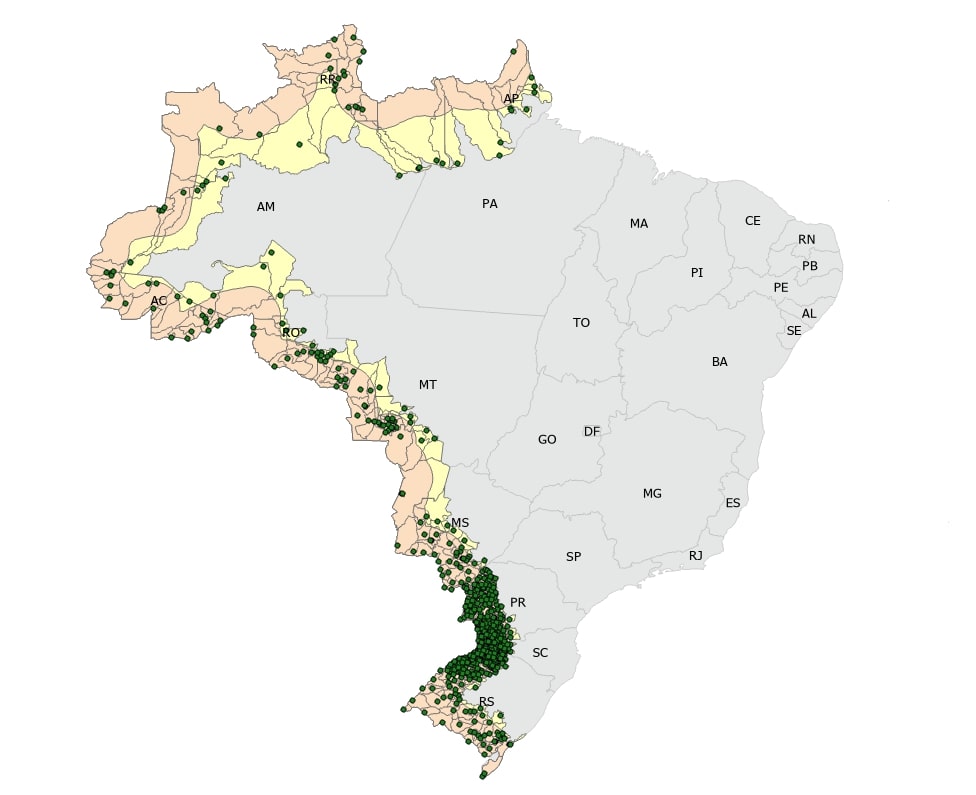 Mapa do Brasil com destaque dos municípios da faixa de fronteira