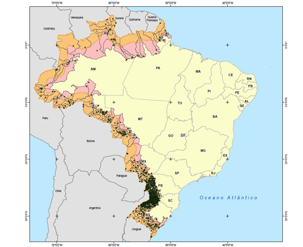 Mapa do Brasil com destaque dos municípios da faixa de fronteira