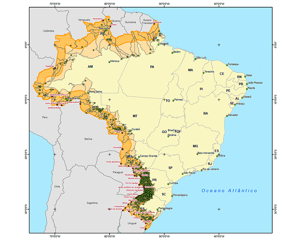 Mapa do Brasil com destaque dos municípios da faixa de fronteira