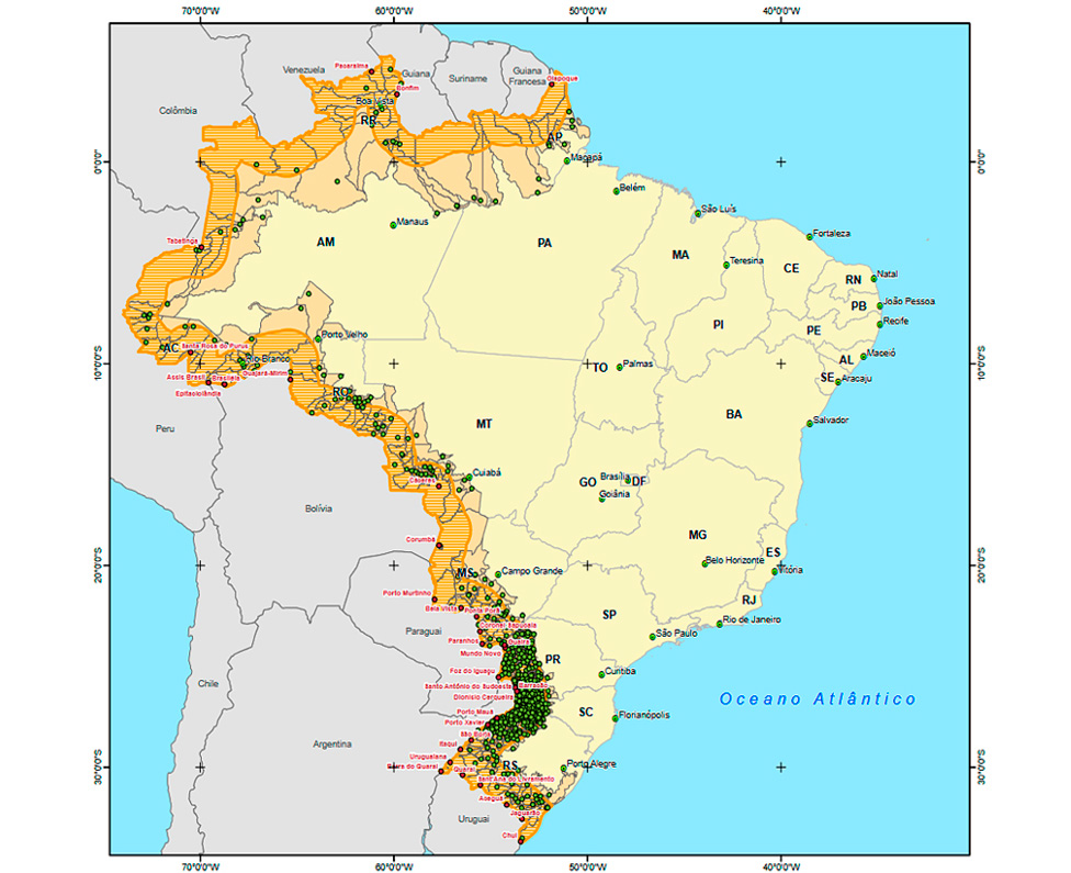 Mapa do Brasil com destaque dos municípios da faixa de fronteira