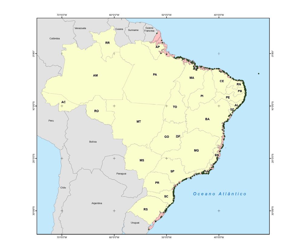 Mapa do Brasil com destaque para os municípios defrontantes com o mar