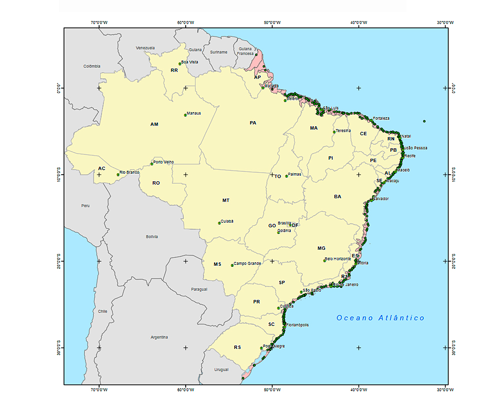 Mapa do Brasil com destaque para os municípios defrontantes com o mar